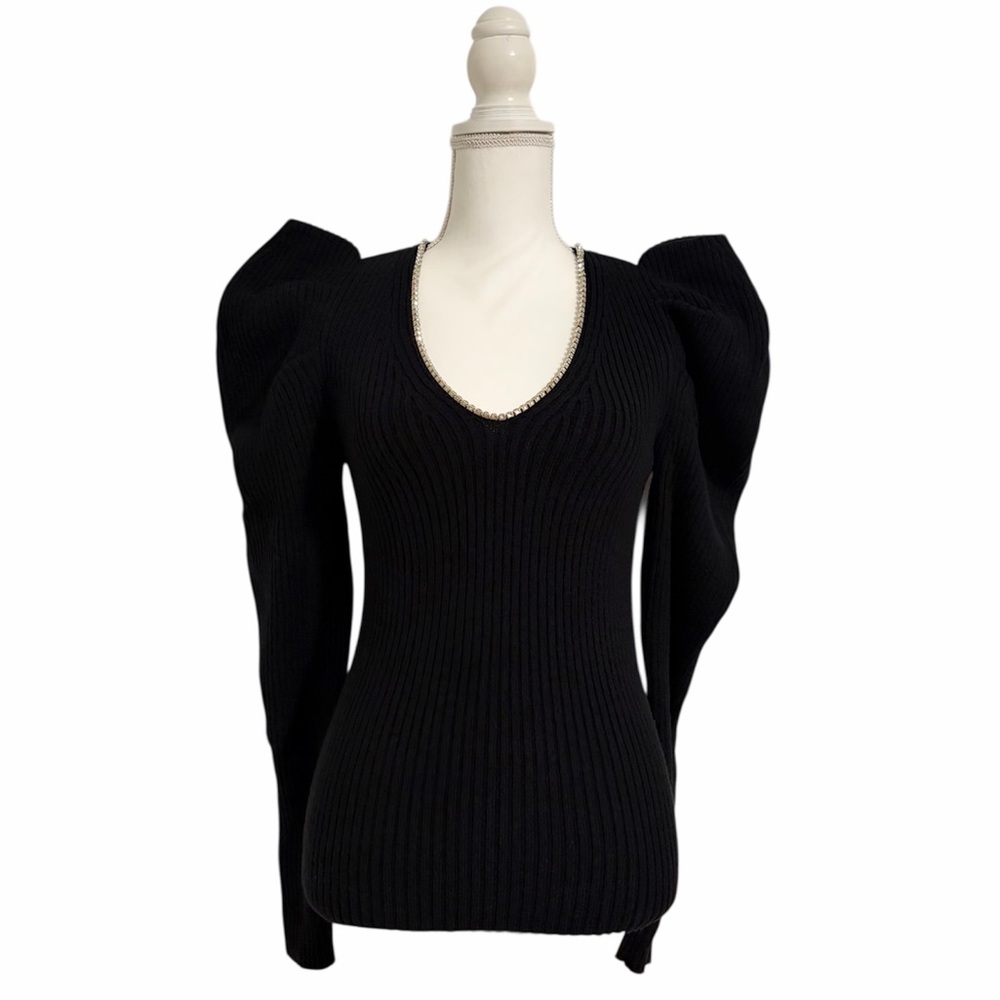 Express Black Ribbed Crystal Encrusted Neckline Puff Shoulder Sweater Women’s Sm - Picture 10 of 10